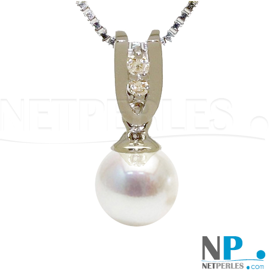 Pendentif Or gris 18k et diamants et perle d'akoya blanche AAA